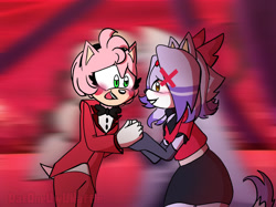 Size: 1366x1024 | Tagged: safe, artist:datuwuwaffle, amy rose, blaze the cat, cat, hedgehog, 2024, amy x blaze, blushing, crossover, cute, female, females only, hazbin hotel, holding hands, lesbian, mouth open, shipping