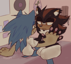 Size: 940x850 | Tagged: safe, artist:tawfee, shadow the hedgehog, sonic the hedgehog, 2024, bedroom, claws, clothes, duo, ear fluff, frown, gay, holding hands, indoors, lidded eyes, looking at each other, pawpads, shadow x sonic, shipping, shirt, signature, sitting, smile