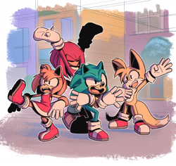 Size: 2048x1934 | Tagged: safe, artist:cephalosaur, amy rose, knuckles the echidna, miles "tails" prower, sonic the hedgehog, abstract background, arms up, group, mouth open, outline