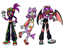 Size: 2048x1536 | Tagged: safe, artist:spicychimera, oc, bat, cat, echidna, 2024, clothes, fankid, magical gay spawn, magical lesbian spawn, next generation, parent:amy, parent:blaze, parent:knuckles, parent:rouge, parent:sonic, parent:wave, parents:blazamy, parents:knuxonic, parents:wavouge, riders outfit, simple background, smile, sonic riders, standing, transparent background, trio