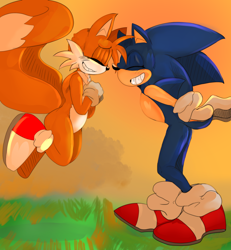 Size: 2048x2220 | Tagged: safe, artist:sh1yart, miles "tails" prower, sonic the hedgehog, 2024, abstract background, duo, eyes closed, flying, gay, leaning in, outdoors, shipping, smile, sonic x tails, spinning tails, standing, sunset