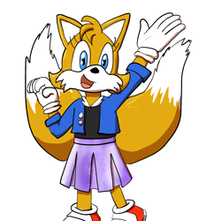 Size: 1800x2000 | Tagged: safe, artist:foolsabode, miles "tails" prower, fox, badge, clothes, female, jacket, lesbian, looking at viewer, mouth open, shirt, simple background, skirt, smile, solo, standing, trans female, trans girl tails, transgender, waving, white background