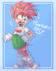 Size: 689x876 | Tagged: safe, artist:inkthemandrake, amy rose, bandaid, bandaid on knee, blue background, border, character name, fleetway amy, hand on hip, looking offscreen, mouth open, simple background, smile, solo, standing