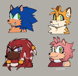 Size: 1620x1586 | Tagged: safe, artist:solfinite, amy rose, knuckles the echidna, miles "tails" prower, sonic the hedgehog, bust, ear fluff, frown, grey background, group, heterochromia, looking at viewer, redesign, simple background, smile, yellow sclera