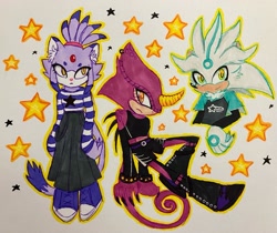 Size: 2047x1721 | Tagged: safe, artist:lieutenantpinetree, blaze the cat, espio the chameleon, silver the hedgehog, blazebetes, clothes, crop top, looking at viewer, looking offscreen, outline, pink nose, redesign, shirt, shorts, skirt, star (symbol), traditional media, trio
