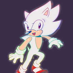Size: 1800x1800 | Tagged: safe, artist:hibiscuit-rose, sonic the hedgehog, cringetober, hyper form, hyper sonic, looking at viewer, mouth open, purple background, simple background, smile, solo, sparkles