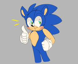 Size: 2048x1676 | Tagged: safe, artist:blizzard-peaks, sonic the hedgehog, blushing, grey background, hand on hip, looking offscreen, simple background, sketch, smile, solo, standing, thumbs up