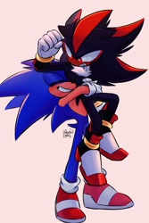 Size: 800x1200 | Tagged: safe, artist:ghostie_berry, shadow the hedgehog, sonic the hedgehog, 2024, blushing, clenched teeth, duo, eyes closed, gay, looking at them, picking them up, shadow x sonic, shipping, signature, simple background, smile