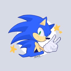 Size: 2000x2000 | Tagged: safe, artist:sonixjax, sonic the hedgehog, 2024, grey background, looking at viewer, looking back, looking back at viewer, signature, simple background, sitting, solo, star (symbol), v sign