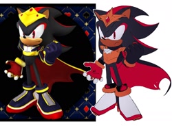 Size: 1988x1460 | Tagged: safe, artist:berry_inkjam, shadow the hedgehog, 2024, cape, crown, frown, king shadow, outline, redesign, redraw, reference inset, simple background, solo, standing, white background