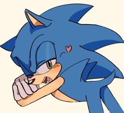 Size: 2048x1869 | Tagged: safe, artist:alyapwi, sonic the hedgehog, 2024, arms folded, bending over, blushing, heart, lidded eyes, mouth open, simple background, smile, solo, wink