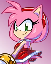 Size: 1656x2048 | Tagged: safe, artist:randomguy9991, amy rose, alternate version, gradient background, looking at viewer, looking back, looking back at viewer, smile, solo, standing