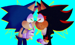 Size: 2000x1200 | Tagged: safe, artist:head---ache, shadow the hedgehog, sonic the hedgehog, blue background, blushing, duo, eyes closed, frown, gay, noses are touching, one fang, outline, shadow x sonic, shadowbetes, shipping, simple background, smile, sonabetes, standing, wagging tail