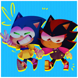 Size: 2048x2048 | Tagged: safe, artist:head---ache, shadow the hedgehog, sonic the hedgehog, abstract background, blushing, chibi, clothes, cute, dress, duo, eyes closed, femboy, frown, gay, holding hands, shadow x sonic, shadowbetes, shipping, skirt, smile, sonabetes, v sign, walking