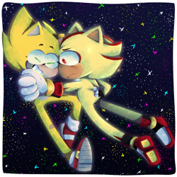 Size: 2048x2048 | Tagged: safe, artist:head---ache, shadow the hedgehog, sonic the hedgehog, super shadow, super sonic, abstract background, dancing, eyes closed, flying, frown, gay, holding each other, lidded eyes, shadow x sonic, shipping, smile, space, star (sky), super form