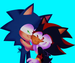 Size: 2048x1727 | Tagged: safe, artist:head---ache, shadow the hedgehog, sonic the hedgehog, blue background, blushing, cute, duo, gay, holding them, shadow x sonic, shadowbetes, shipping, simple background, smile, sonabetes, standing, wagging tail