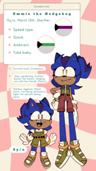 Size: 1080x1920 | Tagged: safe, artist:head---ache, oc, oc:emmie the hedgehog, hedgehog, character name, clothes, demiromantic, demisexual, english text, fankid, female, magical gay spawn, parent:shadow, parent:sonic, parents:sonadow, reference sheet, smile, solo, standing
