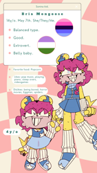 Size: 1080x1920 | Tagged: safe, artist:head---ache, oc, oc:bria mongoose, mongoose, abstract background, english text, eye clipping through hair, fankid, genderqueer, magical lesbian spawn, omnisexual, parent:mina, parent:sonia, parents:sonina, reference sheet, smile, solo