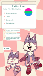Size: 1080x1920 | Tagged: safe, artist:head---ache, oc, oc:tulip rose, cat, abstract background, child, english text, fankid, magical lesbian spawn, male, parent:amy, parent:blaze, parents:blazamy, polysexual, reference sheet, smile, solo, tongue out