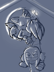 Size: 768x1024 | Tagged: safe, artist:gacha-every, knuckles the echidna, miles "tails" prower, sonic the hedgehog, eyes closed, gay, grey background, greyscale, heart, jealously, kiss, monochrome, riding on shoulders, shipping, simple background, sonic x tails, standing, team sonic, trio, window