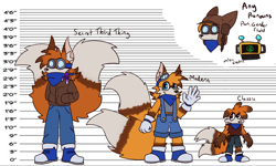 Size: 2048x1229 | Tagged: safe, artist:cdstardustspeedway, miles "tails" prower, 2024, aviator jacket, bandana, classic tails, clothes, flat colors, goggles, height chart, jacket, modern tails, older, overalls, pants, pilot hat, redesign, solo, standing