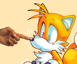 Size: 1589x1315 | Tagged: safe, artist:artisyone, miles "tails" prower, 2024, blushing, classic tails, duo, hand, nose boop, signature, simple background, solo focus