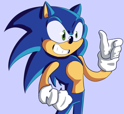 Size: 2048x1877 | Tagged: safe, artist:insertfunnynamehere455, sonic the hedgehog, 2024, hand on hip, looking offscreen, purple background, simple background, smile, solo, standing, thumbs up