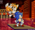 Size: 900x800 | Tagged: safe, artist:opossum-cult, miles "tails" prower, sonic the hedgehog, fox, hedgehog, sonic the hedgehog 2, 2024, abstract background, bubbles, chemical plant, classic sonic, classic sonic (universe), classic tails, duo, flying, lineless, male, signature, spinning tails, standing
