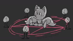 Size: 1170x659 | Tagged: safe, artist:nortedwayfinder, miles "tails" prower, candle, cute, looking offscreen, monochrome, pentagram, ritual, satanic ritual, smile, solo, tailabetes, too cute to be taken seriously