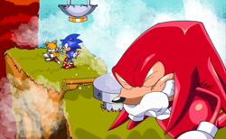 Size: 2048x1265 | Tagged: safe, artist:grisbol, knuckles the echidna, miles "tails" prower, sonic the hedgehog, 2024, angel island, capsule, classic knuckles, classic sonic, classic tails, laughing, signature, sonic the hedgehog 3, switch, team sonic, this won't end well, trio, victory pose, waterfall