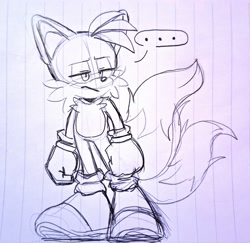 Size: 2048x1992 | Tagged: safe, artist:seldompathic, miles "tails" prower, ..., 2024, clenched fists, frown, lidded eyes, line art, lined paper, looking offscreen, sketch, solo, standing, tails is not amused