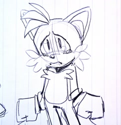 Size: 1993x2048 | Tagged: safe, artist:seldompathic, miles "tails" prower, 2024, clenched fists, crying, line art, lined paper, looking ahead, looking offscreen, sad, sketch, solo, standing, tears, tears of sadness