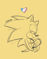 Size: 1616x2048 | Tagged: safe, artist:starrjoy, sonic the hedgehog, heart, lidded eyes, line art, looking down, signature, simple background, sketch, smile, solo, top surgery scars, trans male, transgender, yellow background