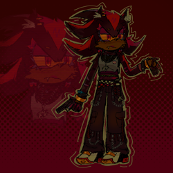 Size: 1280x1280 | Tagged: safe, artist:agendershadowthehedgehog, shadow the hedgehog, abstract background, badge, chain, claws, clothes, ear fluff, ear piercing, earring, echo background, eyelashes, frown, gun, holding something, looking offscreen, necklace, one fang, pants, pawpads, shadow's logo, solo, spiked bracelet, standing, tank top, trans female, transgender, yellow sclera