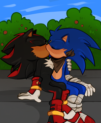 Size: 1570x1912 | Tagged: safe, artist:youhalfwit, shadow the hedgehog, sonic the hedgehog, abstract background, blushing, bush, daytime, duo, eyes closed, gay, holding each other, outdoors, shadow x sonic, shipping, sitting, sonic boom (tv), top surgery scars, trans male, transgender