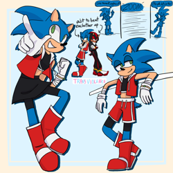 Size: 644x644 | Tagged: safe, artist:artistic-rice, shadow the hedgehog, sonic the hedgehog, blue background, border, clothes, crop top, duo, english text, jacket, pointing, simple background, skirt, smile, solo focus, standing, trans female, transgender
