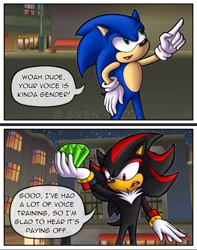 Size: 720x914 | Tagged: safe, artist:pajulammas, shadow the hedgehog, sonic the hedgehog, sonic adventure 2, chaos emerald, city, comic, dialogue, duo, edit, english text, holding something, mouth open, panels, pointing, scene interpretation, signature, speech bubble, standing, stitched, trans male, transgender, watermark