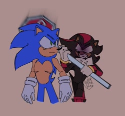 Size: 835x779 | Tagged: safe, artist:winkwonkblog, shadow the hedgehog, sonic the hedgehog, sonic prime, sonic prime s2, beige background, clenched teeth, duo, frown, gibby hitting spencer with a stop sign, heart chest, holding something, looking offscreen, meme, road sign, signature, simple background, standing, stop sign, this will end in injury and/or death, top surgery scars, trans male, transgender