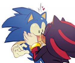 Size: 1304x1087 | Tagged: safe, artist:emthimofnight, shadow the hedgehog, sonic the hedgehog, 2024, blushing, duo, eyes closed, gay, hands on another's face, heart, kiss, shadow x sonic, shipping, simple background, standing, surprised, white background, wide eyes