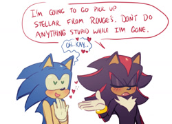 Size: 1192x856 | Tagged: safe, artist:emthimofnight, shadow the hedgehog, sonic the hedgehog, 2024, blushing, dialogue, duo, english text, gay, heart, shadow x sonic, shipping, simple background, speech bubble, standing, white background