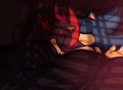 Size: 2000x1454 | Tagged: safe, artist:emthimofnight, shadow the hedgehog, sonic the hedgehog, 2024, abstract background, bed, duo, gay, gloves off, indoors, mouth open, shadow x sonic, shipping, sleeping