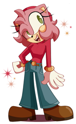 Size: 713x1150 | Tagged: safe, artist:juss-bee, amy rose, 2024, alternate outfit, belt, clothes, gloves, hand on hip, jeans, mouth open, pants, shirt, shoes, simple background, smile, solo, sparkles, standing, white background