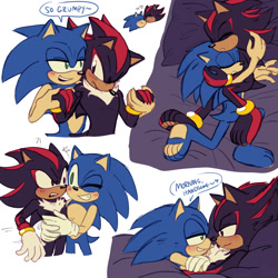 Size: 2000x2000 | Tagged: safe, artist:emthimofnight, shadow the hedgehog, sonic the hedgehog, 2024, abstract background, bed, blushing, cuddling, cute, dialogue, duo, english text, gay, holding each other, holding hands, holding them, paws, shadow x sonic, shipping, speech bubble