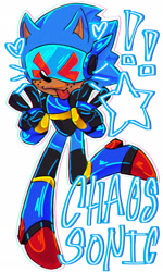 Size: 1229x2048 | Tagged: safe, artist:shadows-coffeebeans, sonic prime, chaos sonabetes, chaos sonic, character name, cute, double v sign, exclamation mark, eyes closed, freckles, heart, robot, simple background, solo, standing on one leg, star (symbol), tongue out, transparent background, v sign