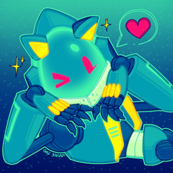 Size: 1280x1280 | Tagged: safe, artist:son1c, sonic prime, chaos sonic, gradient background, heart, looking at viewer, lying on side, outline, posing, robot, signature, solo, sparkles, wink
