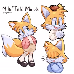 Size: 2048x2044 | Tagged: safe, artist:tinstarbby, miles "tails" prower, character name, clothes, gender swap, simple background, smile, solo, white background