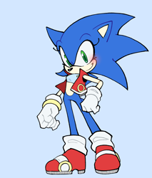 Size: 1700x2000 | Tagged: safe, artist:kirbygirl20, sonic the hedgehog, 2022, blue background, blushing, clothes, gender swap, looking at viewer, simple background, smile, solo, standing