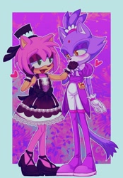 Size: 1000x1440 | Tagged: safe, artist:valchard_, amy rose, blaze the cat, cat, hedgehog, 2024, amy x blaze, blushing, cute, female, females only, hearts, kiss on hand, lesbian, mouth open, shipping