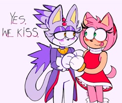 Size: 2048x1723 | Tagged: safe, artist:cheezy_picklezz, amy rose, blaze the cat, cat, hedgehog, 2024, amy x blaze, amy's halterneck dress, blaze's tailcoat, cute, english text, female, females only, holding hands, lesbian, looking at each other, shipping, tongue out