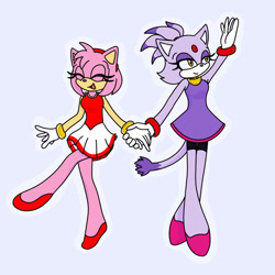 Size: 1280x1280 | Tagged: safe, artist:axjensenx05, amy rose, blaze the cat, cat, hedgehog, 2024, amy x blaze, cute, eyes closed, female, females only, gymnastic outfit, holding hands, lesbian, mario & sonic at the olympic games, shipping